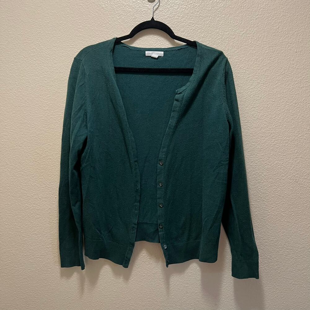 New York & Company Cardigan Sweater Green Cotton Button Front V-Neck Sz L